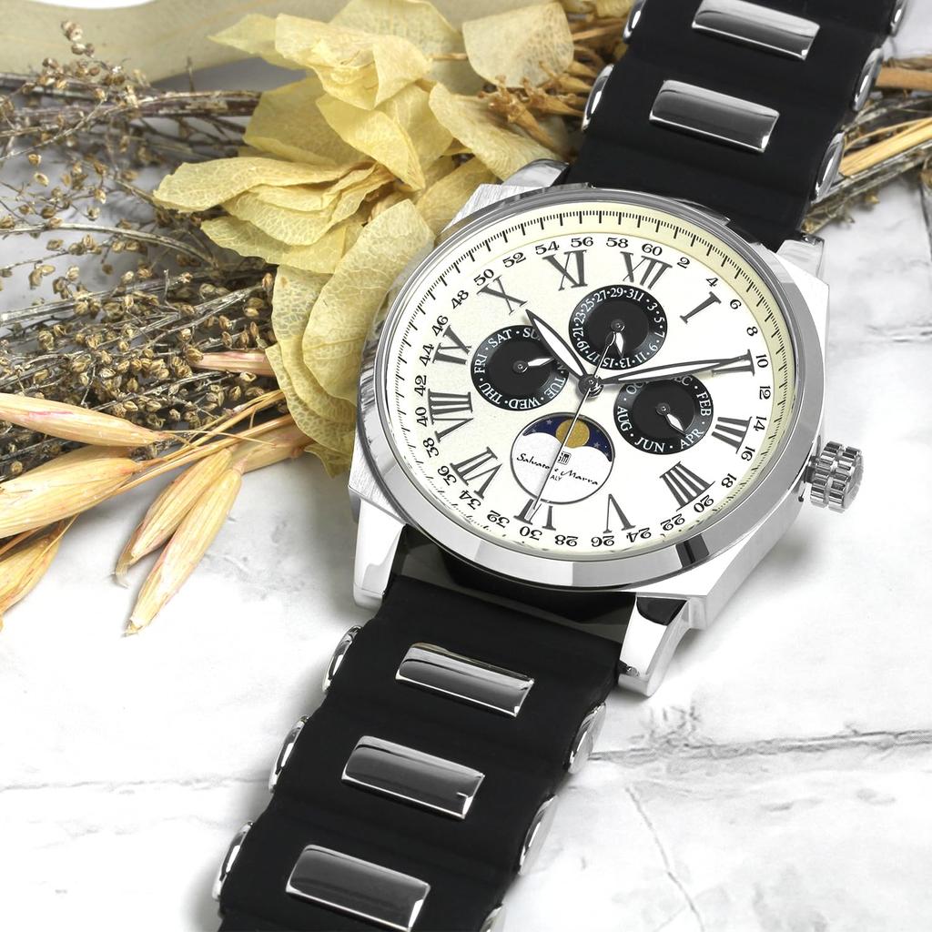 Часы Moon Phase Multi Calendar 5 ATM Водонепроницаемые Деловые Формальные Резиновый Ремень Ограниченная Модель Белый Серебристый [Salvatore Mara] Мужские SM22105R-SSWHBK