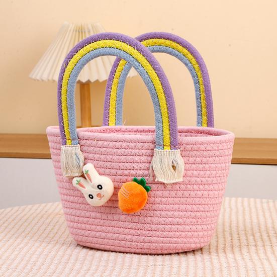 Easter Woven Basket with Handle Cotton Woven Bunny Egg Hunt Basket with Rabbit And Carrot Empty Easter Treat Bag for Gifts Candy