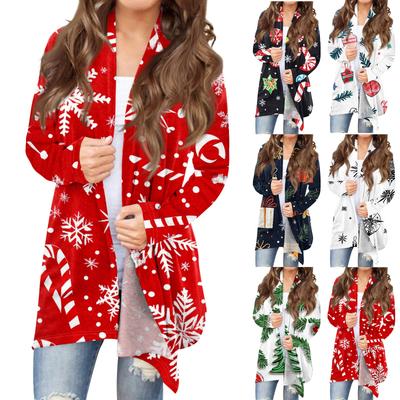 Женская мода, повседневный рождественский принт, кардиган средней длины, куртка, пальто
