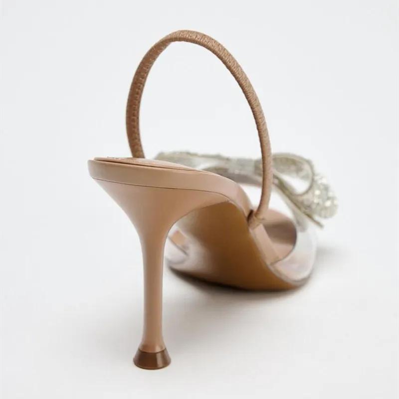 Fashion Luxury Glitter Rhinestone Bow Designer Heeled Sandals Women Summer Peep Toe Back Strap High Heels Elegant Party Wedding Shoes