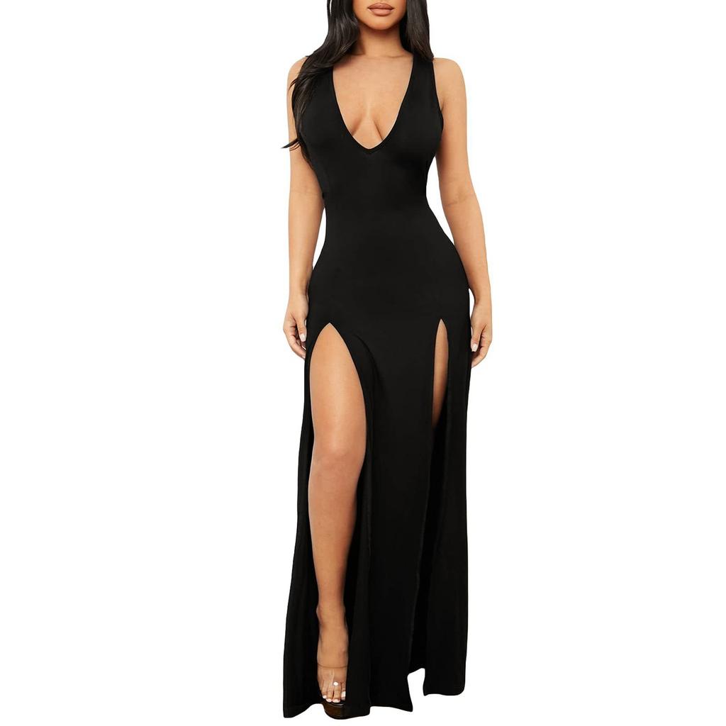 Женское однотонное облегающее платье с разрезом до бедра и глубоким вырезом, летние вечерние платья для дам