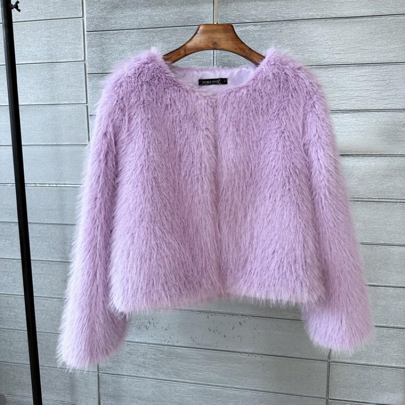 Plus Size Womens Faux Fur Short Coat Round Neck Long Sleeve Street Style Outerwear In White Beige Black Gray Pink Purple