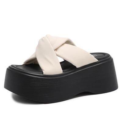 Модные женские тапочки на толстой платформе с каблуком 7 см, с открытым носком, на толстой подошве, сандалии на танкетке, женские летние новые женские пляжные шлепанцы 2024 г.