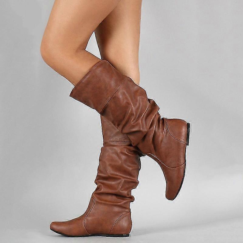 Women Faux Leather Flat Mid Calf Slouch Boots Wide Leg Shoes