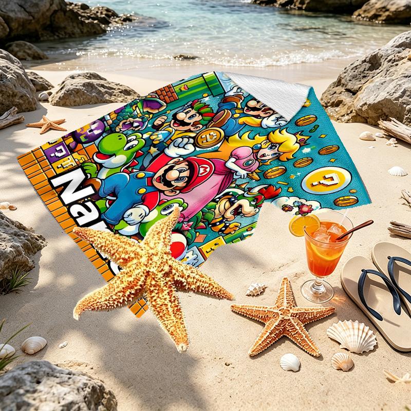 Custom Name Personalized Super Mario Print Beach Towel, for Trip Camping Beach Party Home Decor, Birthday Gift for Family & Friends