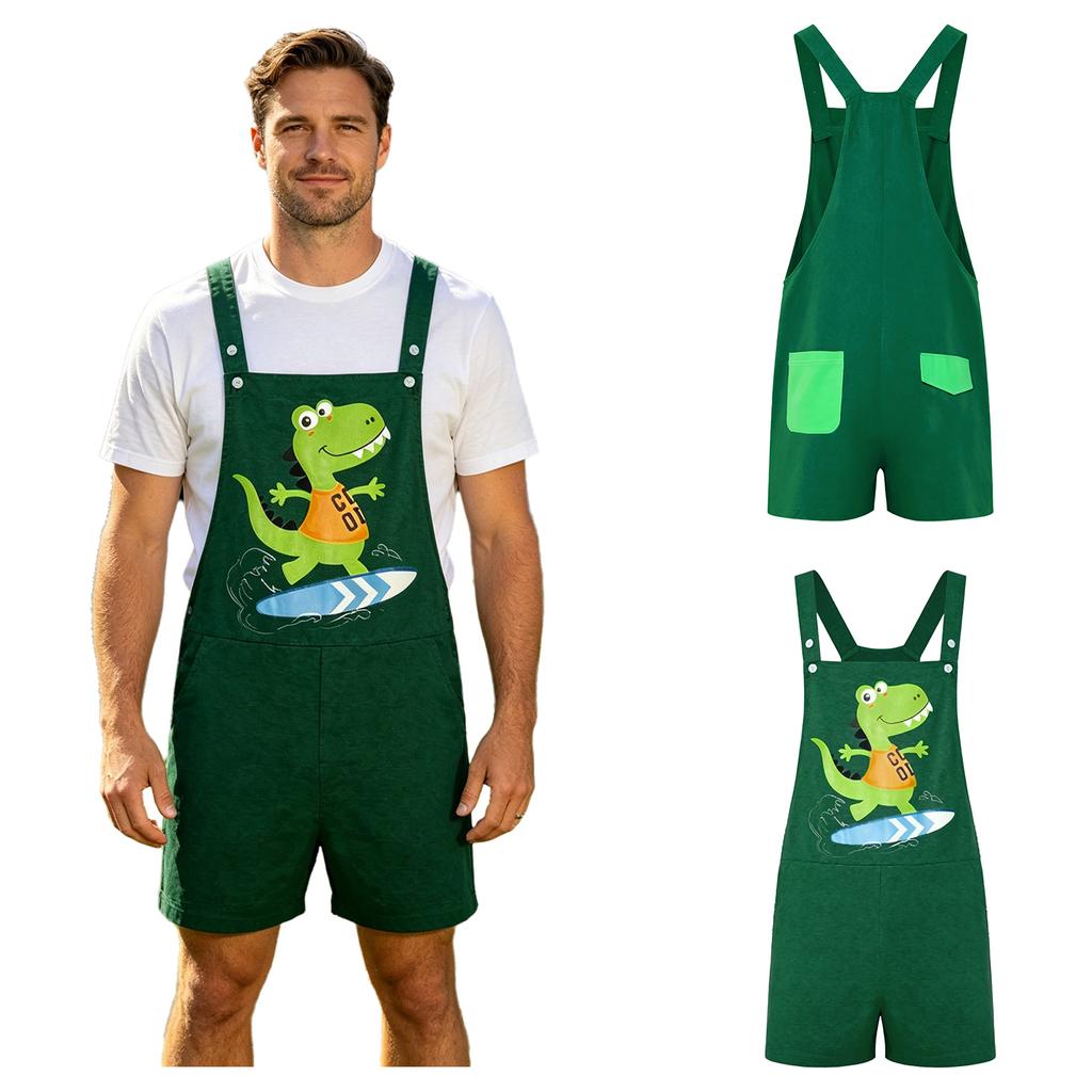 S-XXL Men Cartoon Dinosaur Printed Overalls Pajamas Back Color Blocking Pockets Adjustable Straps Bib Shorts Rompers Sleepwear