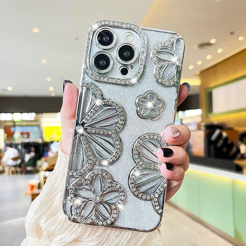 Блестящий градиентный чехол для телефона с цветком из страз для Apple 17 Pro Max - Девичий стиль (Подходит для 11/12/15/16)