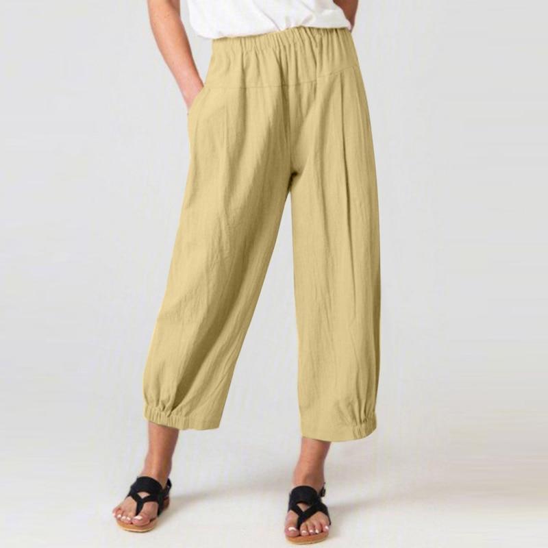 Повседневные свободные укороченные брюки из хлопка и льна цвета хаки, летние модные однотонные широкие брюки с высокой талией, мешковатые брюки Mujer 25552