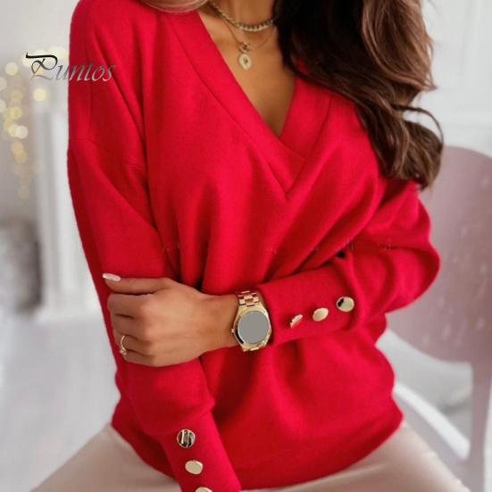 Women Tops V-Neck Long Sleeve Metal Button Cuffs Knitting Tops Solid Color Commuting Style Loose Fit Knitwear