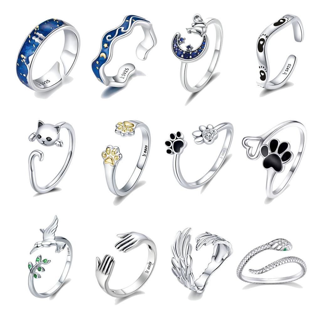 Коллекция открытых колец из серебра S925, кольцо с крылом, отпечатком лапы, регулируемое кольцо