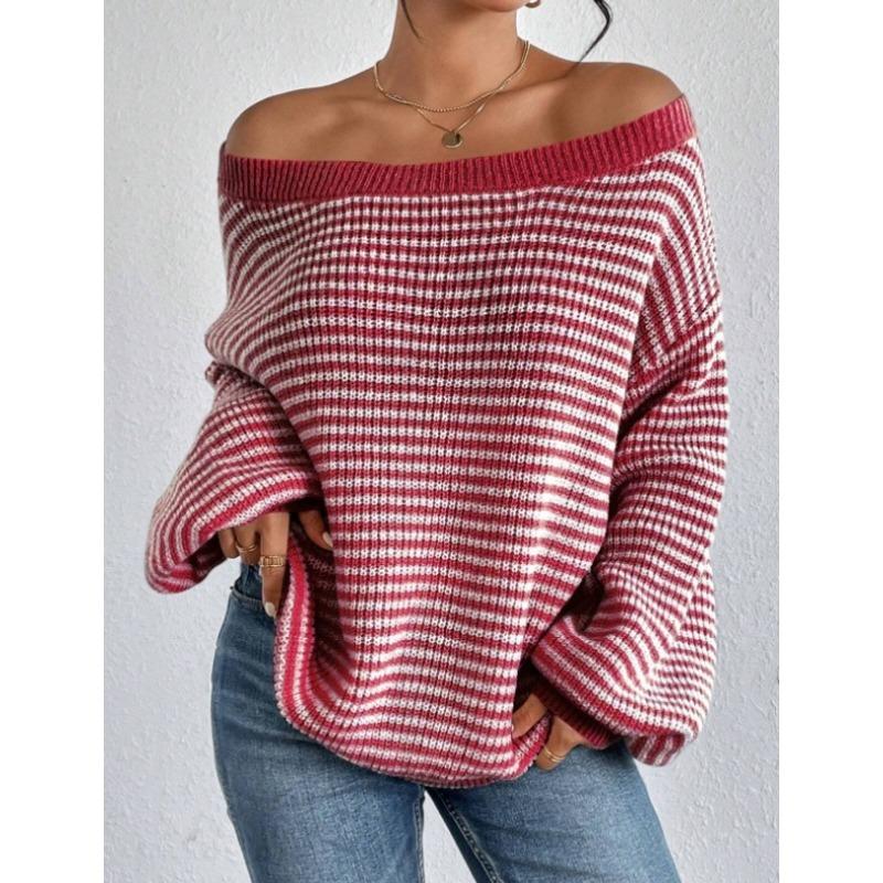 Autumn and Winter Clashing Color Striped Lantern Sleeve One-line Collar Strapless Knitted Sweater