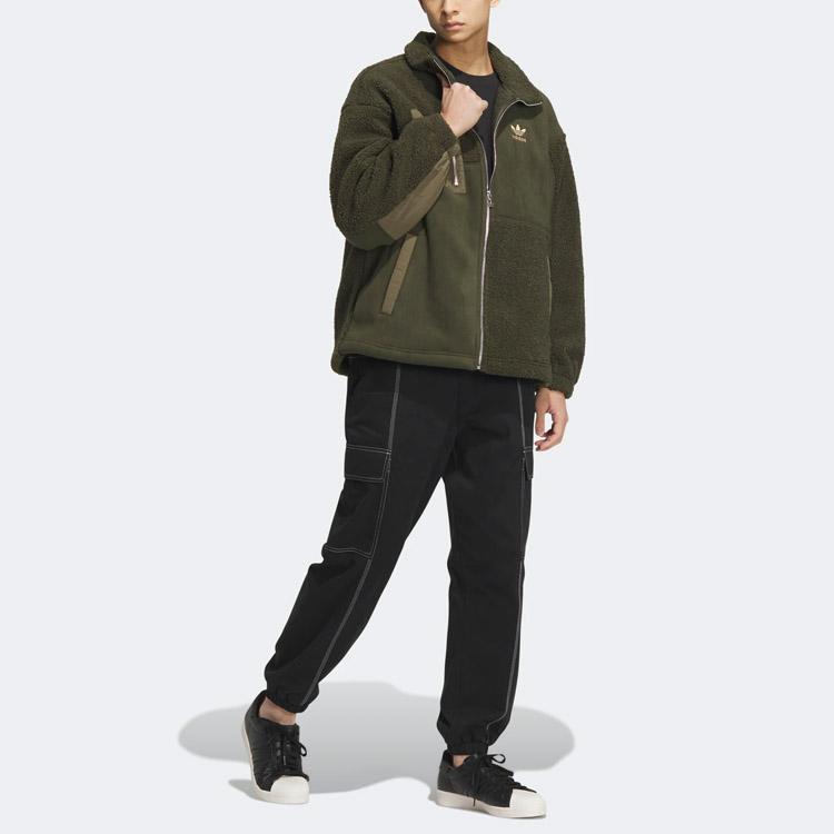 Adidas Originals Trefoil Faux Sheepskin Bomber Jacket Men Outerwear Cargo-Green Night-Sky HY7286
