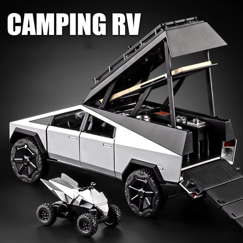 Масштаб 1/24 Tesla Cybertruck Кемпинг Пикап с Мотоциклом Внедорожник Сплав Автомобиль Литая Модель Коллекция Хобби Дисплей Украшения Детская Игрушка