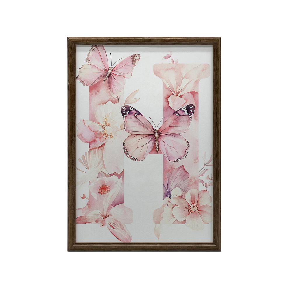 Romantic Letter H With Flowers And Butterflies Poster Romantic Letter H With Flowers And Butterflies Poster, 50X70 Cm, Black Aluminum Frame, 230 Gsm Matte Paper