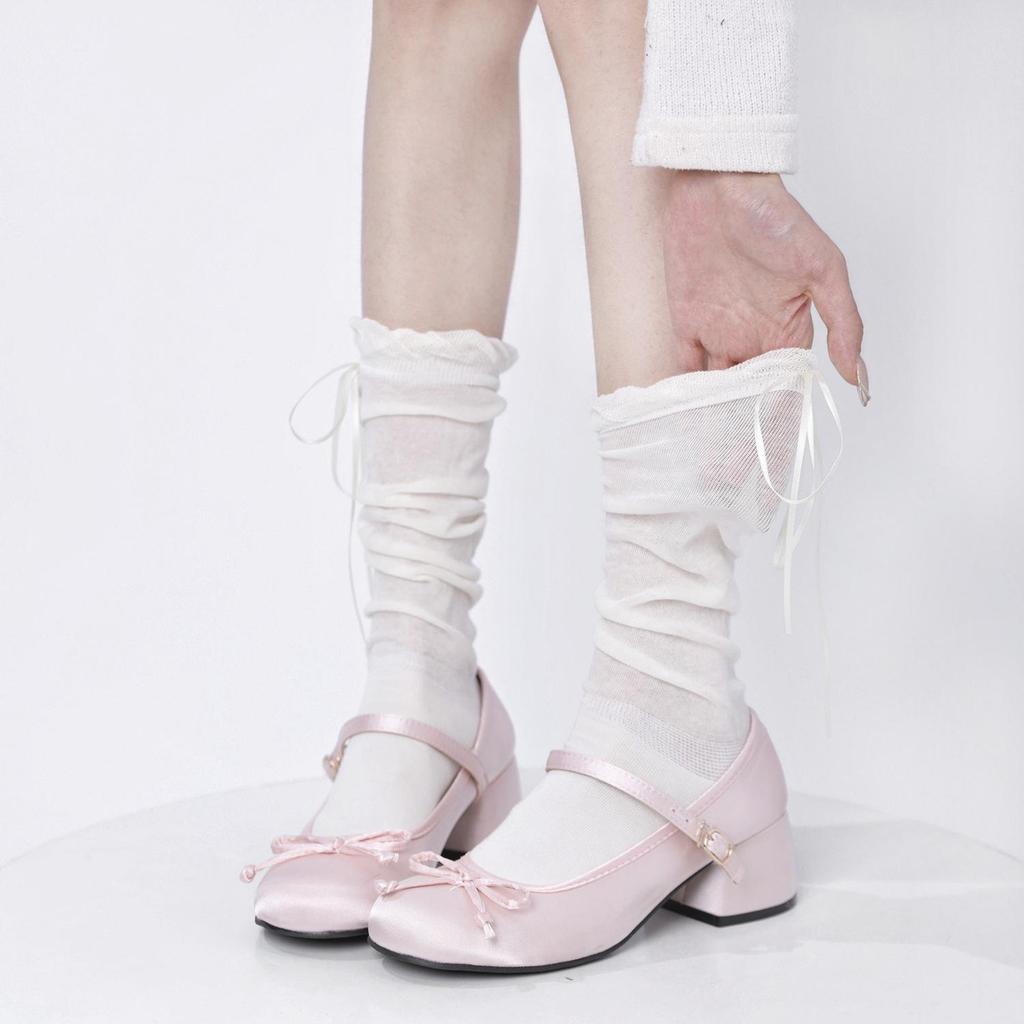 Lolita Lace Frill Mid-Calf Socks with Bow Ribbon - White Ballet Style JK Knee-Highs for Spring & Autumn