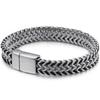 Men's Stainless Steel Rope Chain Bracelet Double Row Braided Leather Link Wristband with Magnetic Clasp Fashion Jewelry for Men