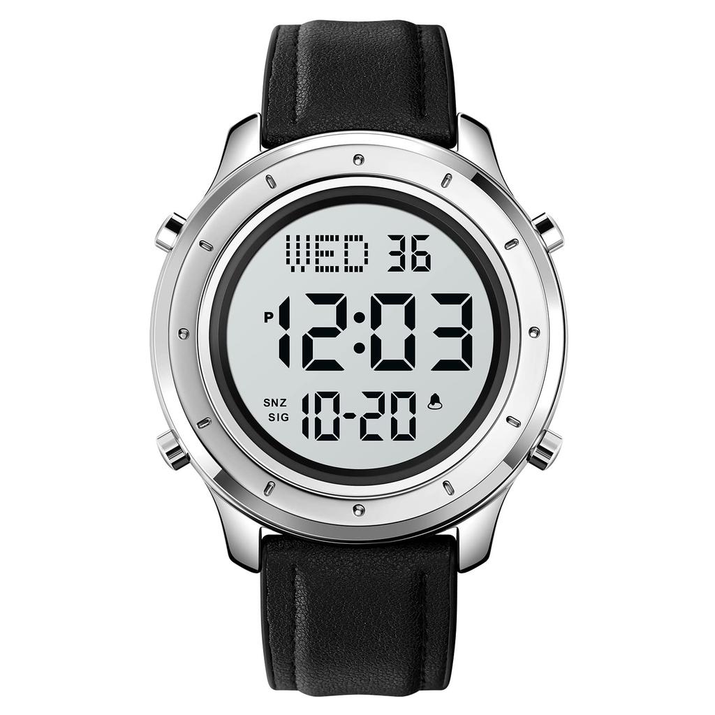 Datirzyx Прописной дисплей Цифровой бизнес Легко водонепроницаемый Цифровая работа Мягкий кожаный будильник Японское руководство по эксплуатации в комплекте Часы, мужские