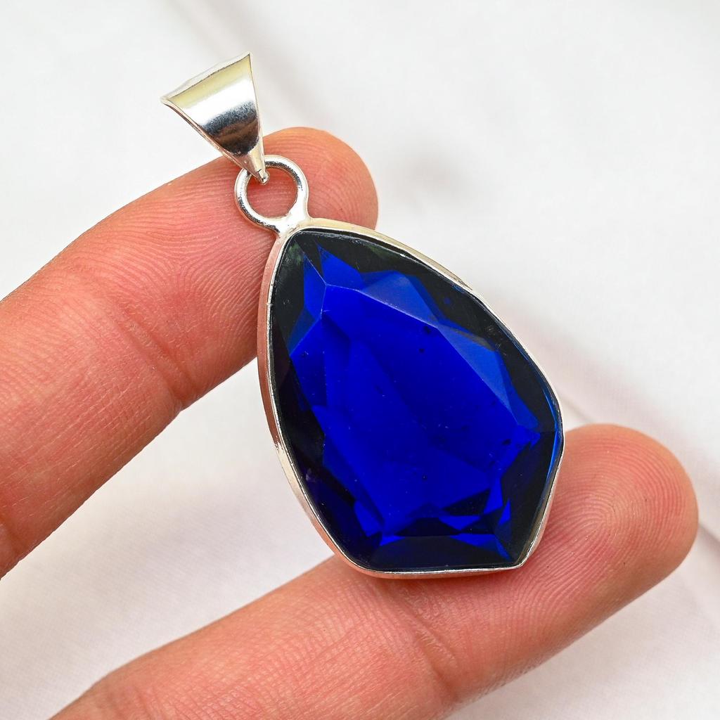 Blue Sapphire Pendant, Handmade Gemstone Pendant, 925 Solid Sterling Silver Pendant Antique Jewelry, For Engagement Gift