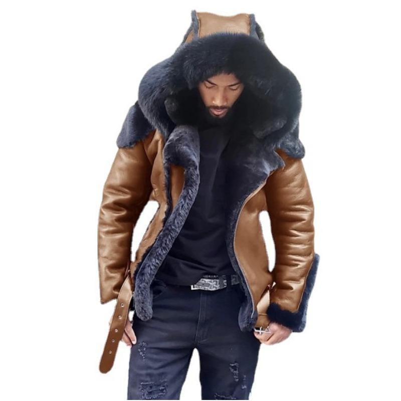 Зимняя новая мужская цельная короткая куртка из искусственного меха с капюшоном