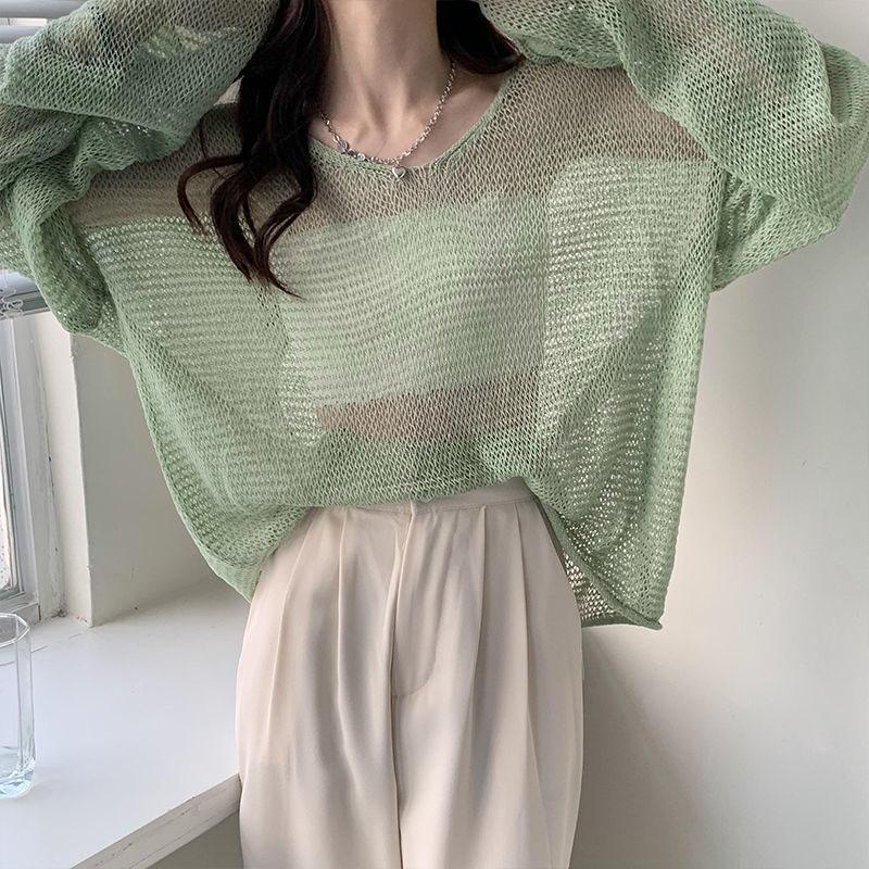 Полый свитер с длинными рукавами, нерегулярный тонкий дизайн, женский трикотажный топ с защитой от солнца, V-образный вырез, длинные рукава, свободный и ленивый