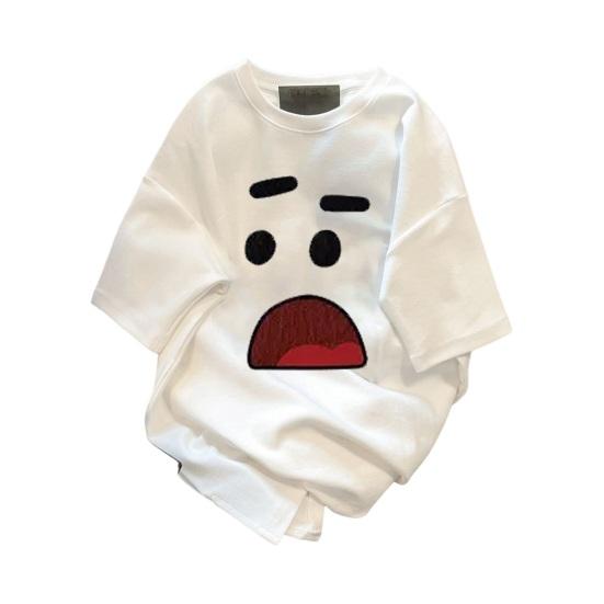 Couple T-shirt Cartoon Face Expression Cactus Print Short Sleeves Ice Silk Loose O Neck