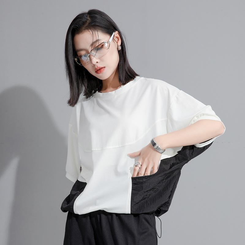 Короткий рукав, свободная футболка в стиле ретро с лоскутным принтом, повседневная, свободная, женская летняя футболка