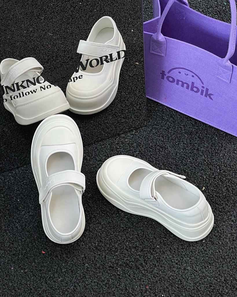 European soft leather big head muffin platform white shoes women's versatile Velcro small man height increase casual Mary Jane shoes