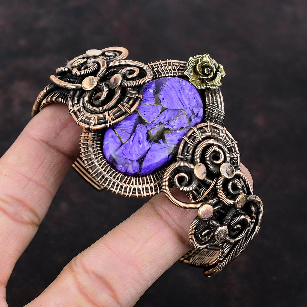 Медный браслет с чароитом, медный браслет, обернутый проволокой, регулируемый браслет-манжета, натуральный драгоценный камень, медные ювелирные изделия, подарок для него, манжета с цветком ручной работы