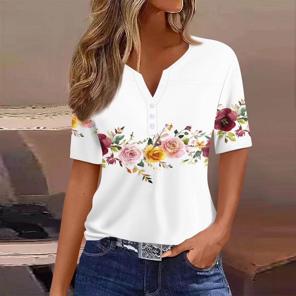 Женская повседневная футболка с коротким рукавом и V-образным вырезом, декоративная отделка пуговицами