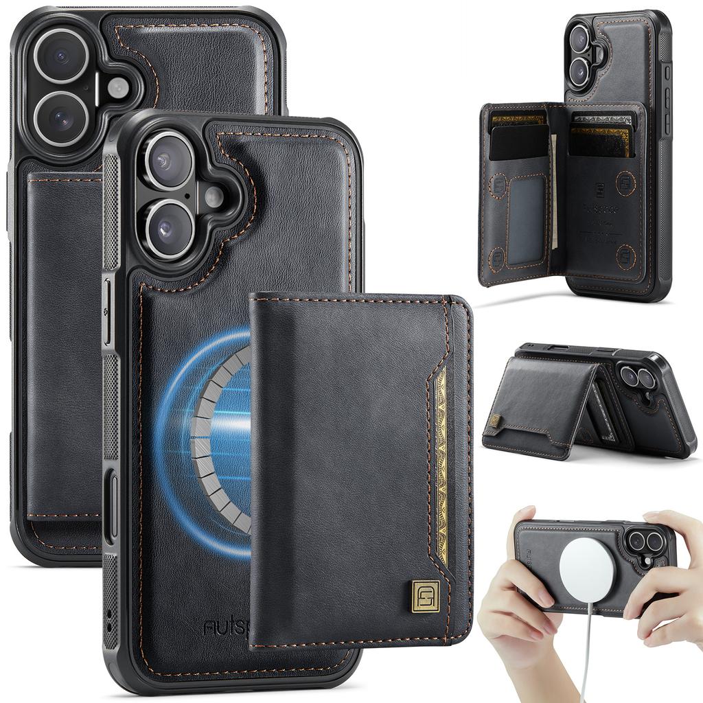 Чехол для iPhone 16 Plus AUTSPACE A13 Винтажная кожаная задняя крышка со съемным магнитным карманом для карт