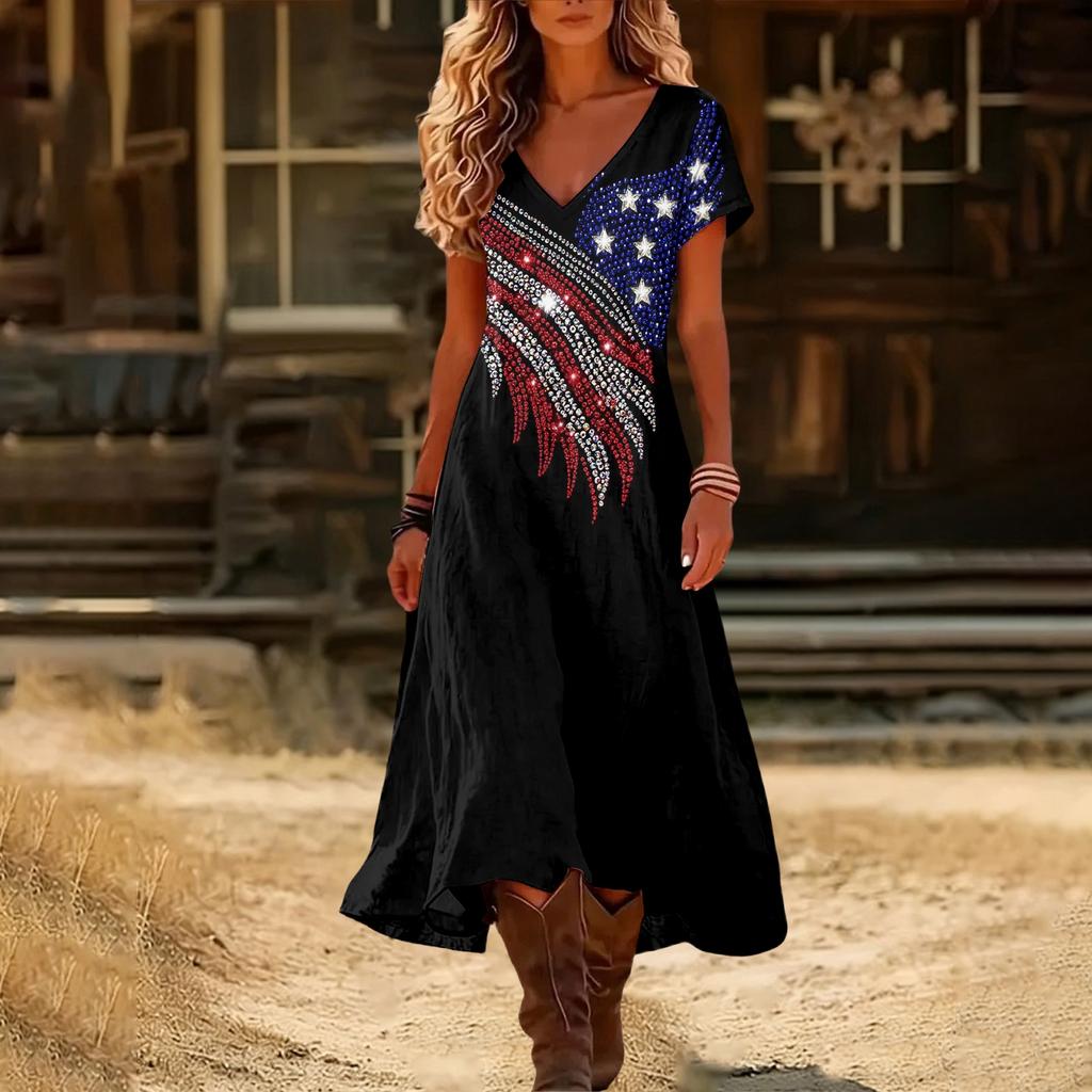 Women’s Short Sleeve V Neck Maxi Dress with Floral Print and Flag Pattern Casual Loose Fit Summer Dress