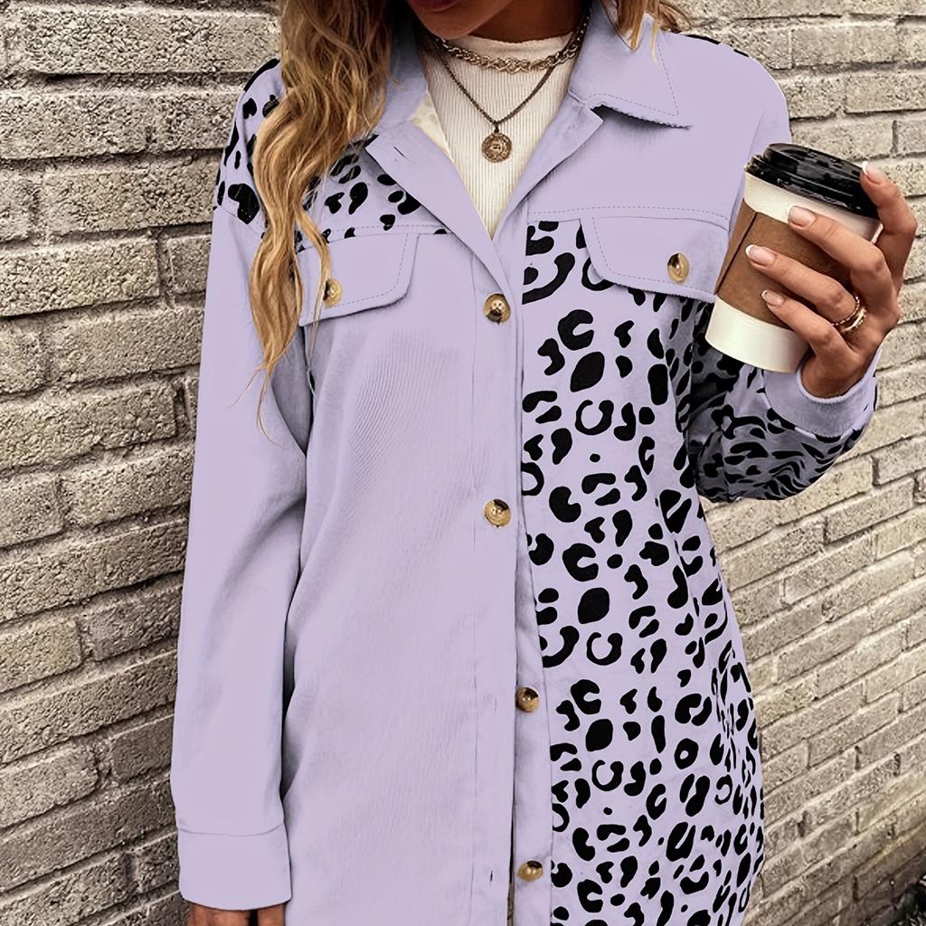 GMXIA Women's Vintage Casual Single-Breasted Leopard Print Autumn Winter Long Sleeve POLO Neck Loose Jackets & Coats