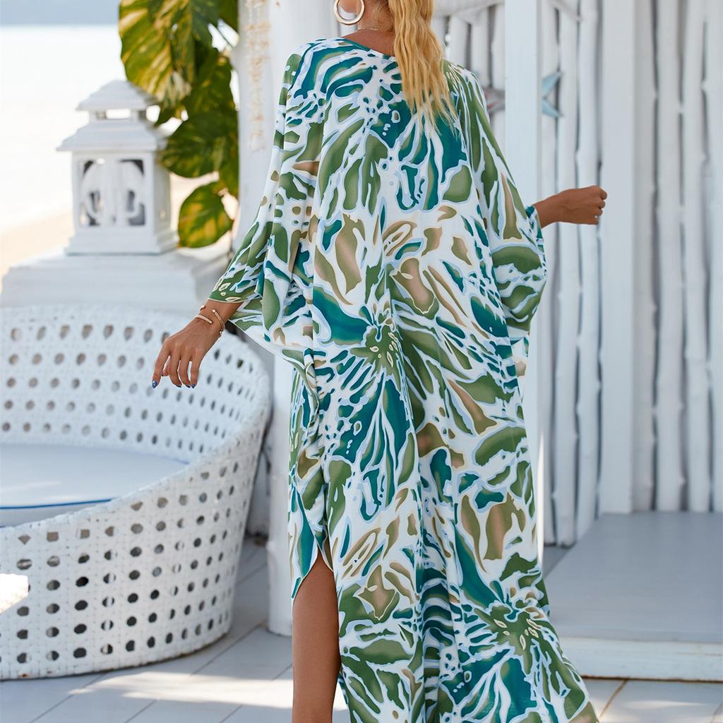 YYFS Женская мода отпуск лето весна зеленый камуфляжный принт с длинным рукавом и v-образным вырезом повседневные платья