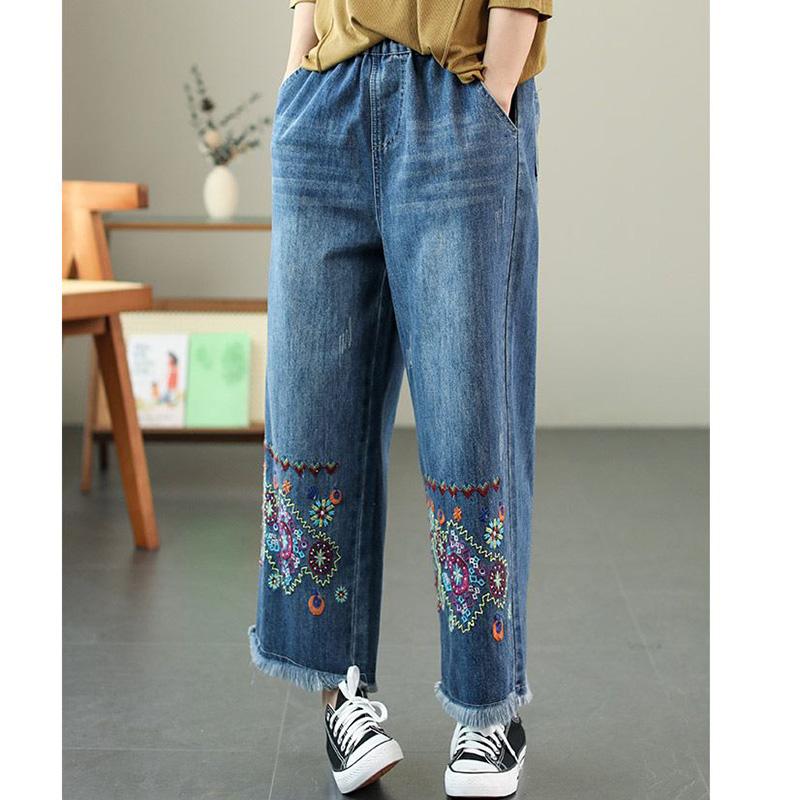 Винтажные свободные джинсовые брюки с вышивкой, женские свободные прямые джинсы с высокой талией, женские повседневные брюки с кисточками, весна-осень 2023, новинка