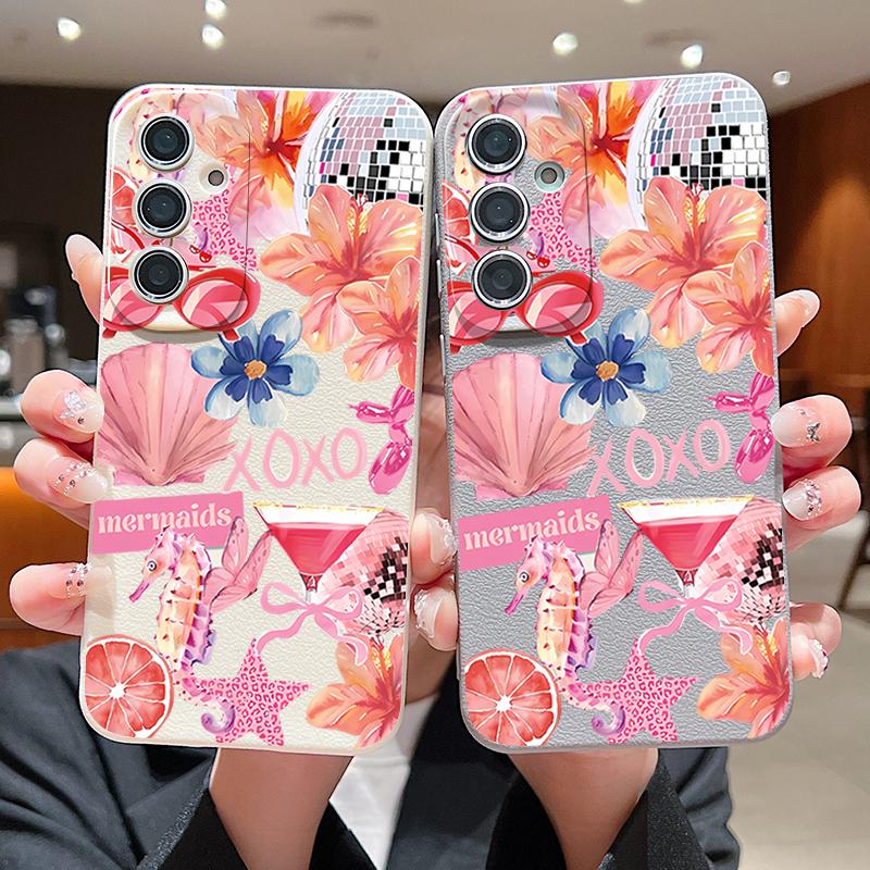 Розовый Чехол с Мультяшным Цветочным Рисунком для Samsung Galaxy A57 A56 A55 A54 5G A37 A36 A35 A34 A17 A16 A15 A14 Силиконовый Чехол с Текстурой Кожи