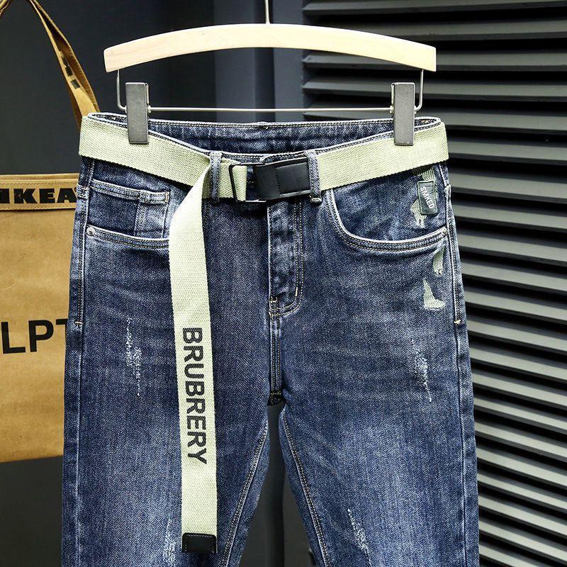 2024Новые флисовые подбитые джинсы мужские осенне-зимние повседневные выцветшие универсальные эластичные облегающие зауженные брюки мужской модный бренд