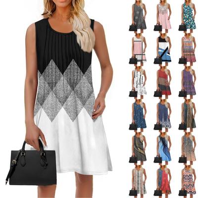 Женская мода летнее платье с цветным лоскутным принтом, свободное пляжное повседневное платье без рукавов для отдыха