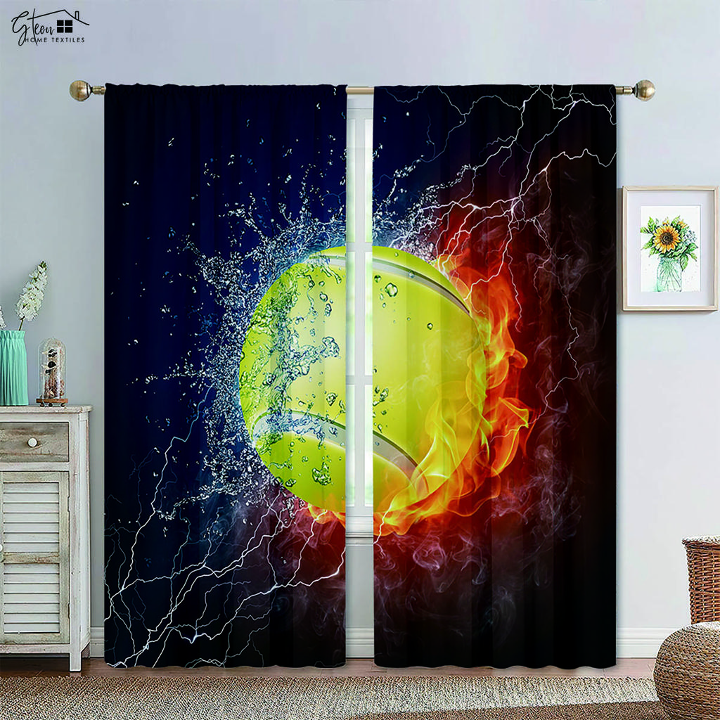 Basketball Football in Water and Fire Black Printed Curtain Rod Pocket Design Machine Washable Bedchamber Living Area Decorative Curtains