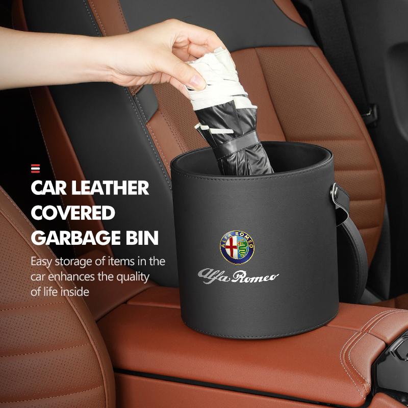 For Alfa Romeo Leather Car Trash Can Portable Trash Bin Garbage Box Organizer Accessories 159 Giulietta 156 147 Giulia Mito GTGZ0