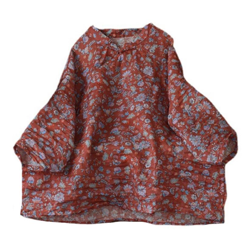 Johnature Женские рубашки рами с цветочным принтом и стойкой, топы в китайском стиле с длинными рукавами, весенняя винтажная женская одежда высокого качества