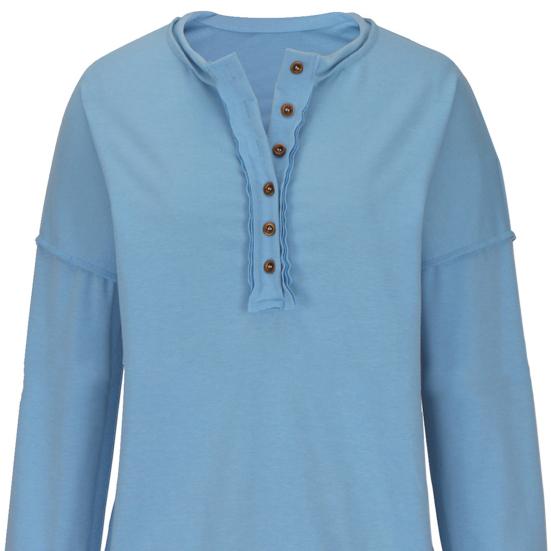 Женская толстовка с пуговицами, круглым вырезом, длинными рукавами, эластичными манжетами, свободная однотонная, неровный подол, пуловер, повседневный спортивный топ