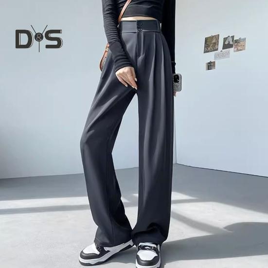 Women Pants High Waist Straight Wide Leg Trousers with Pockets Button Zipper Fly Solid Color Loose Fit Suit Pants Work Wear
