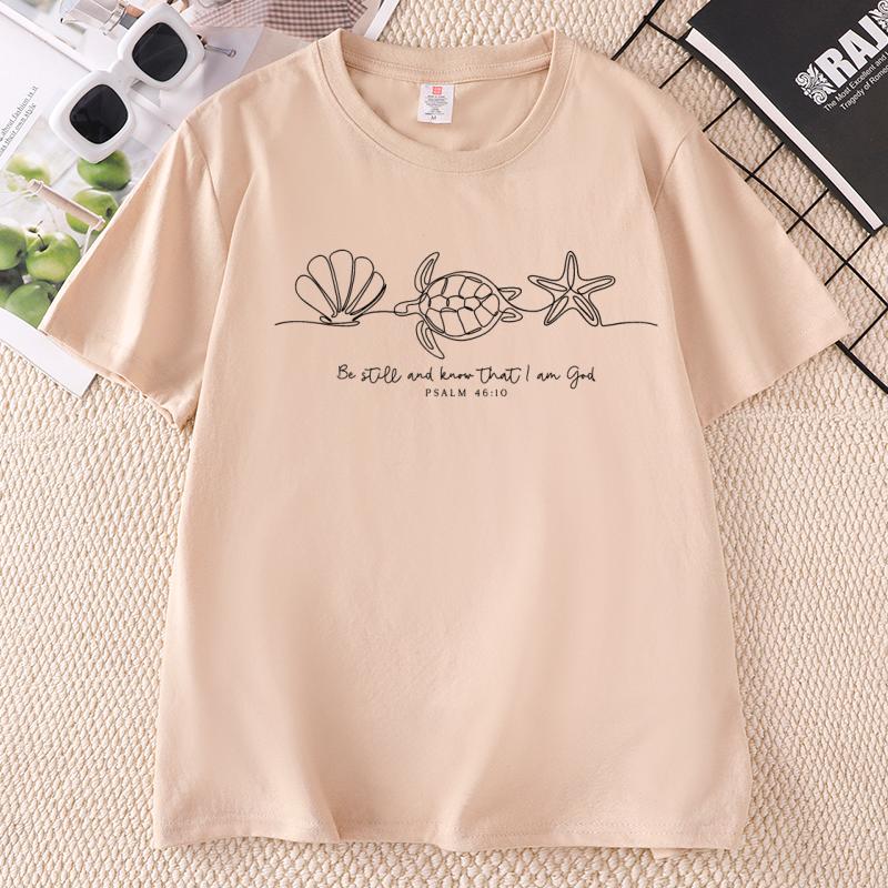 Be Still and Know That I Am God T Shirt Bible Verse T Shirt Casual Round Neck Seashell TShirt Cotton Short Sleeve Round Neck