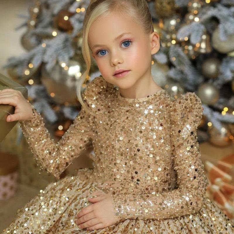 Girls' Golden Dress, Princess Dress, Piano Runway Performance Costume