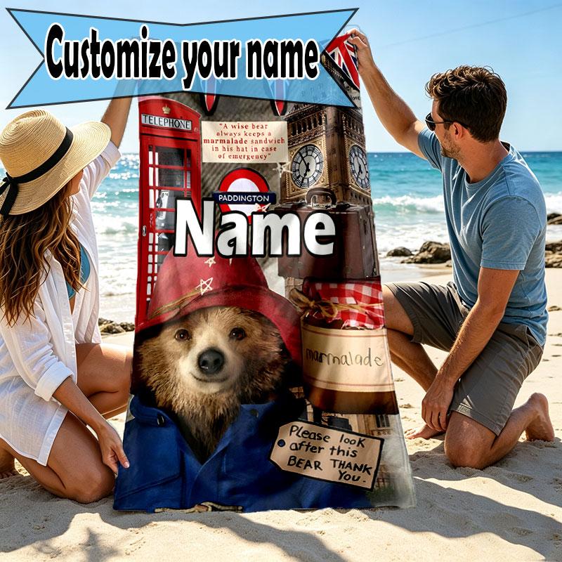 Custom Name Personalized Paddington Bear Print Beach Towel, for Trip Camping Beach Party Home Decor, Birthday Gift for Family & Friends