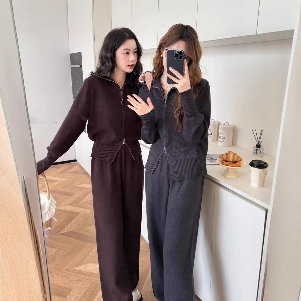Женский модный кардиган-свитер с длинными рукавами и двойной молнией, брюки, спортивный костюм-двойка, повседневный кардиган для женщин