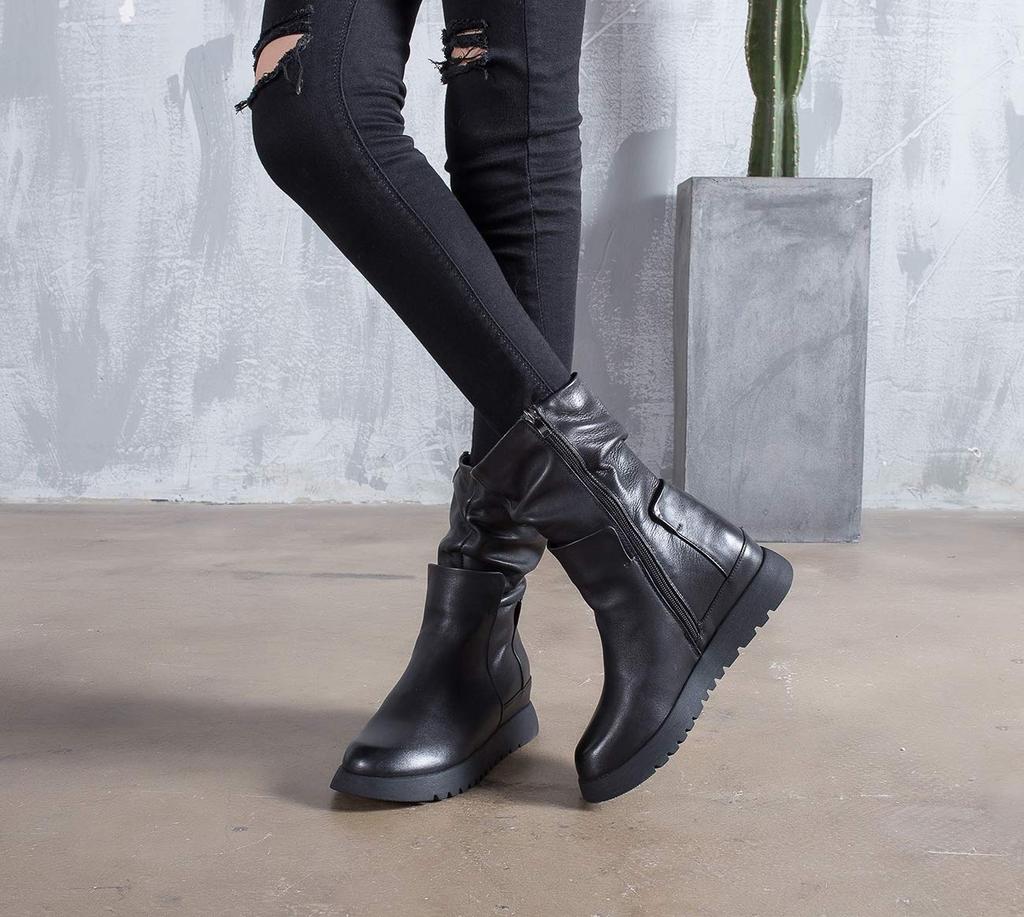 Короткие настоящие боковые толстые удобные для ходьбы [ZUYEE] Женские ботинки, кожа, молния, подошва, скрытый каблук, внутри, повседневные, черные, 23.5см