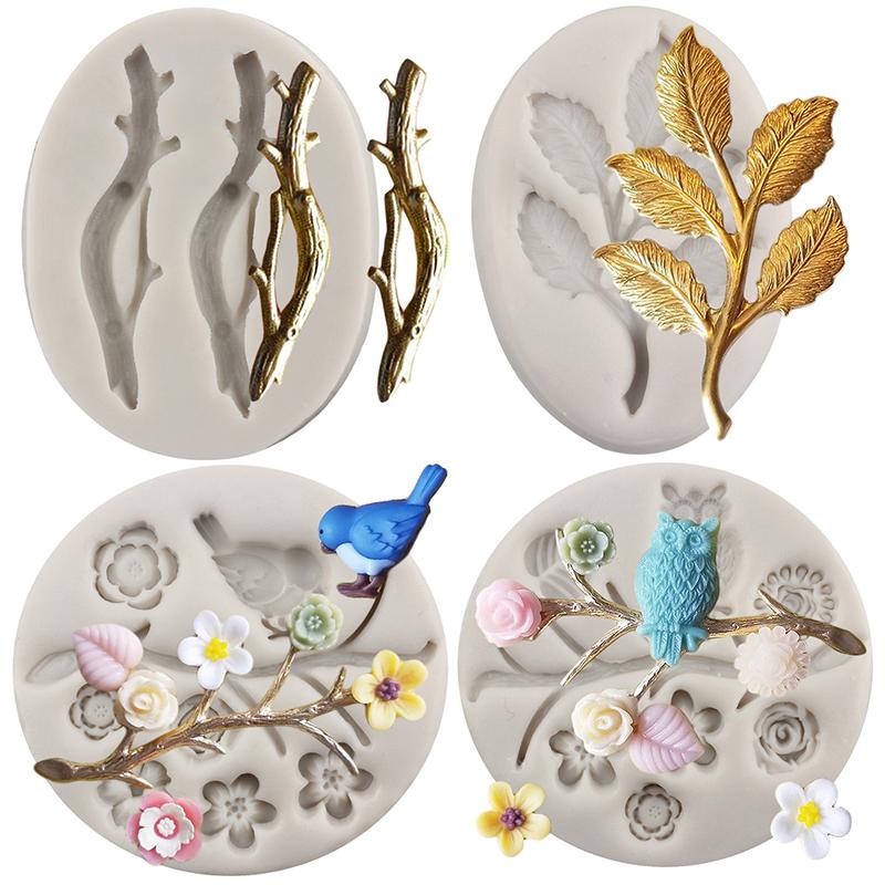 Силиконовая форма «Совы, птицы, ветки деревьев, листья, форма для помадки для цветочного украшения торта, топпер для кексов, сахарные конфеты, шоколад, полимерная глина, форма для пасты для жевательной резинки»