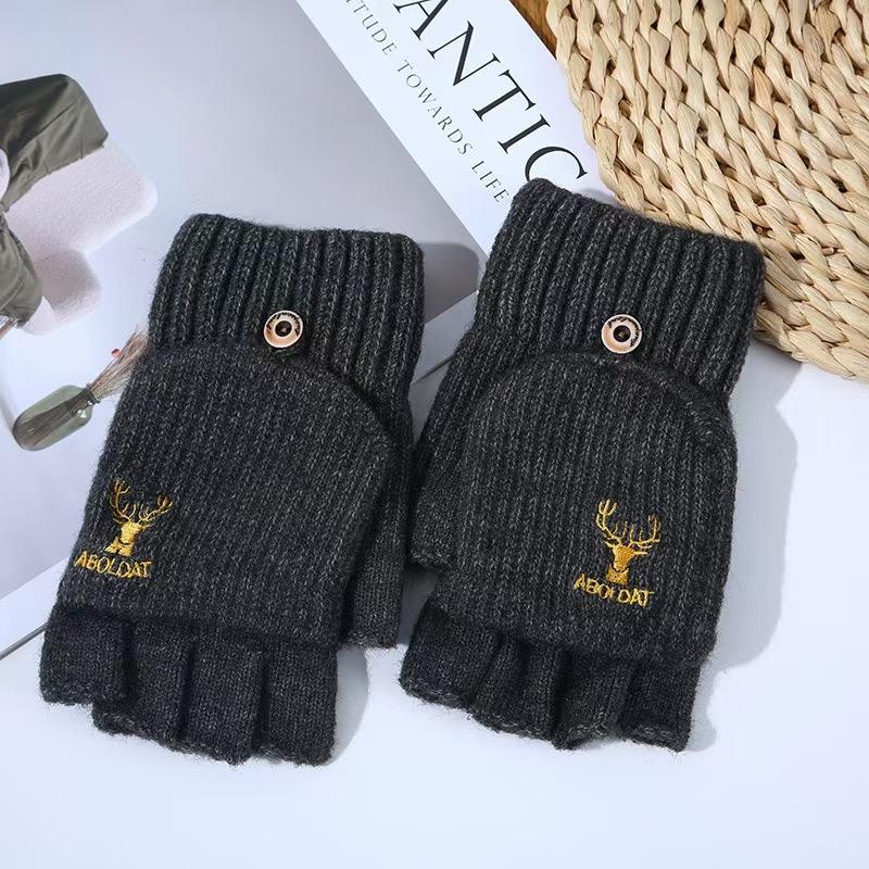 Зимние вязаные перчатки мужские полупальцевые для езды на велосипеде на открытом воздухе плюс бархатные теплые вышитые рога сенсорный экран полупальцевый чехол-книжка