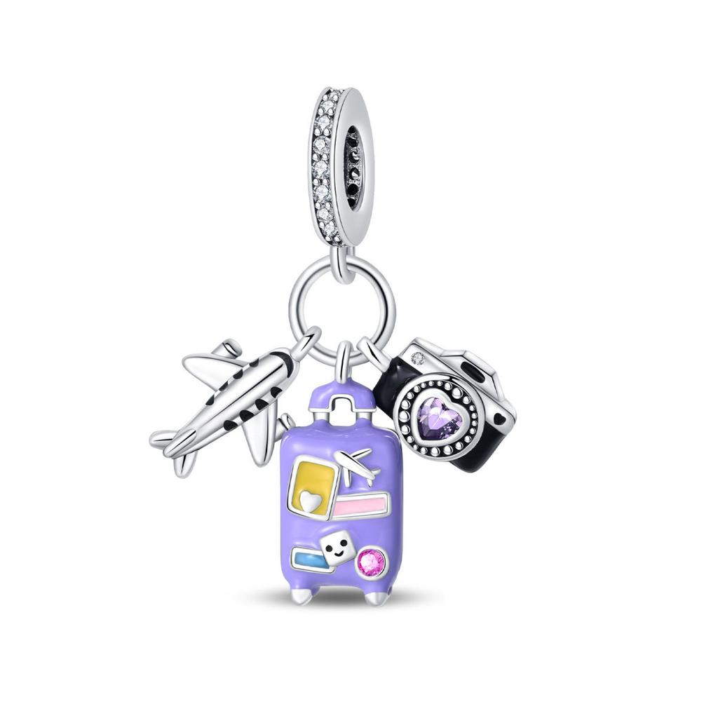 S925 Silver Travel Vacation Airplane Luggage Tag Pendant DIY  Beaded Charm Accessory